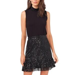 NWT Vince Camuto Women’s Sequined Ruffled Tiered Pull-On Skirt Black, Medium